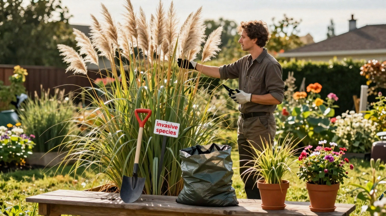 Homem a remover plantas invasoras num jardim ensolarado com tools e sacos para recolha.