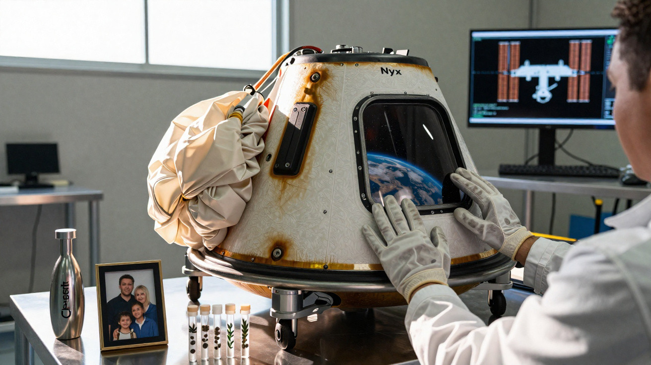 Cápsula espacial Nyx em laboratório com técnico a observar e monitor no fundo com dados técnicos da nave.