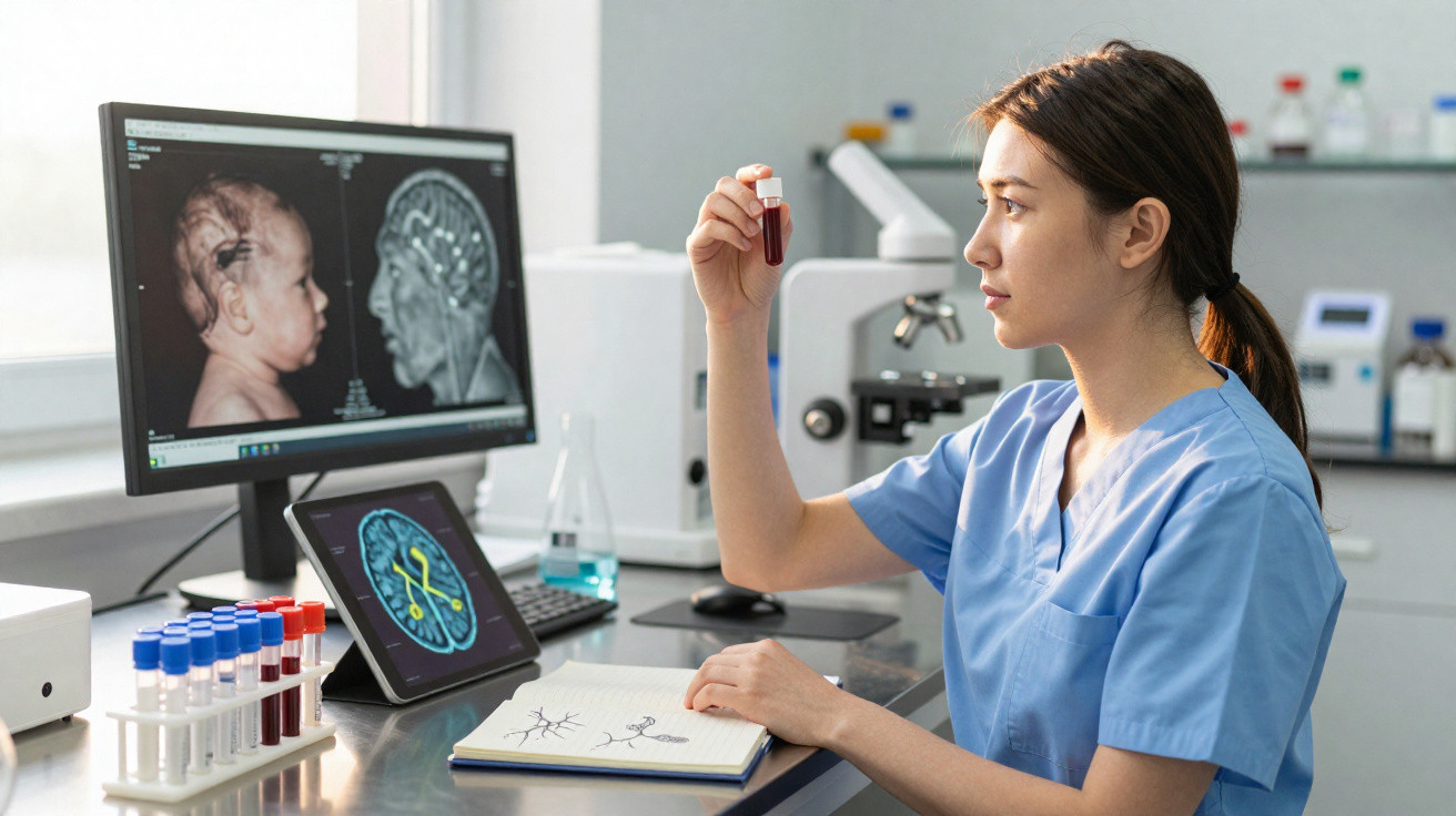 Mulher científica a analisar amostra de sangue em laboratório com imagens cerebrais em ecrãs digitais.