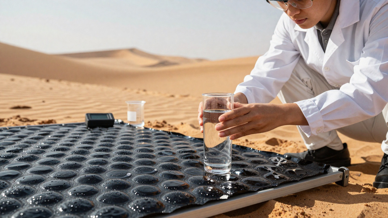 Cientista com bata branca segura copo de água junto a painel no deserto arenoso com dunas ao fundo.