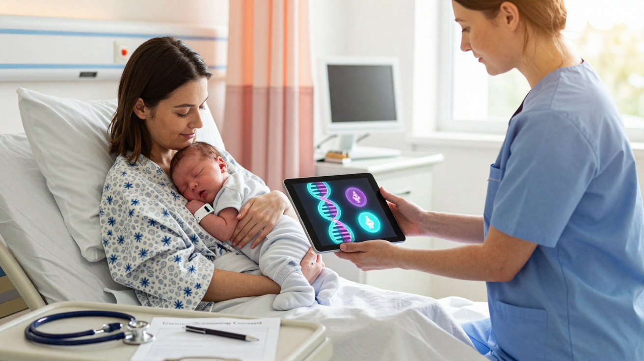 Mãe no hospital a segurar o bebé recém-nascido enquanto profissional de saúde mostra análise genética num tablet.