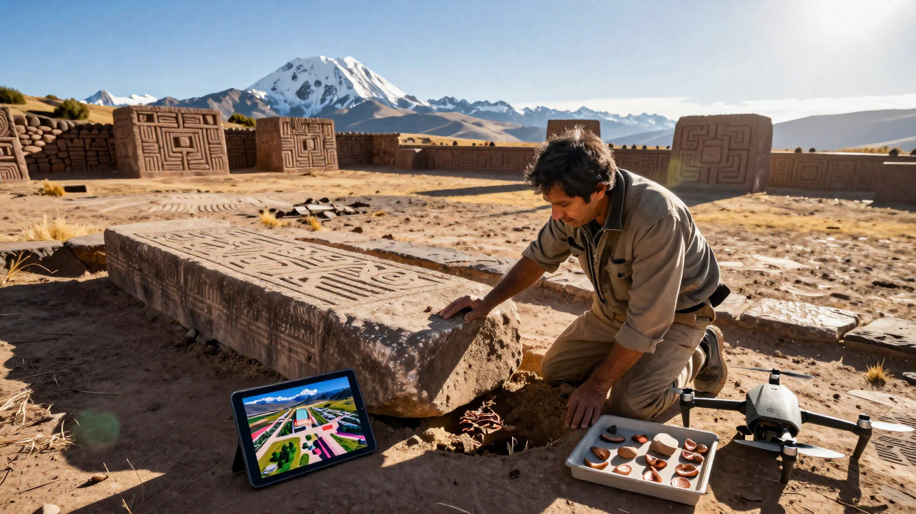 Homem examina artefactos arqueológicos junto a tablet e drone em sítio com montanha nevada ao fundo.