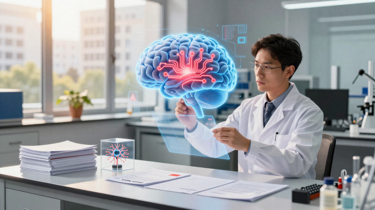 Cientista em laboratório a analisar holograma de cérebro com circuitos eletrónicos vermelhos.