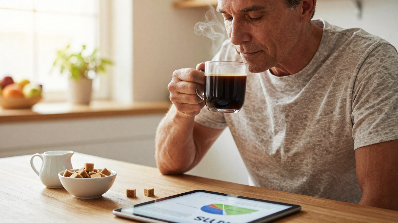 Homem a beber café quente enquanto analisa gráficos num tablet numa cozinha iluminada.