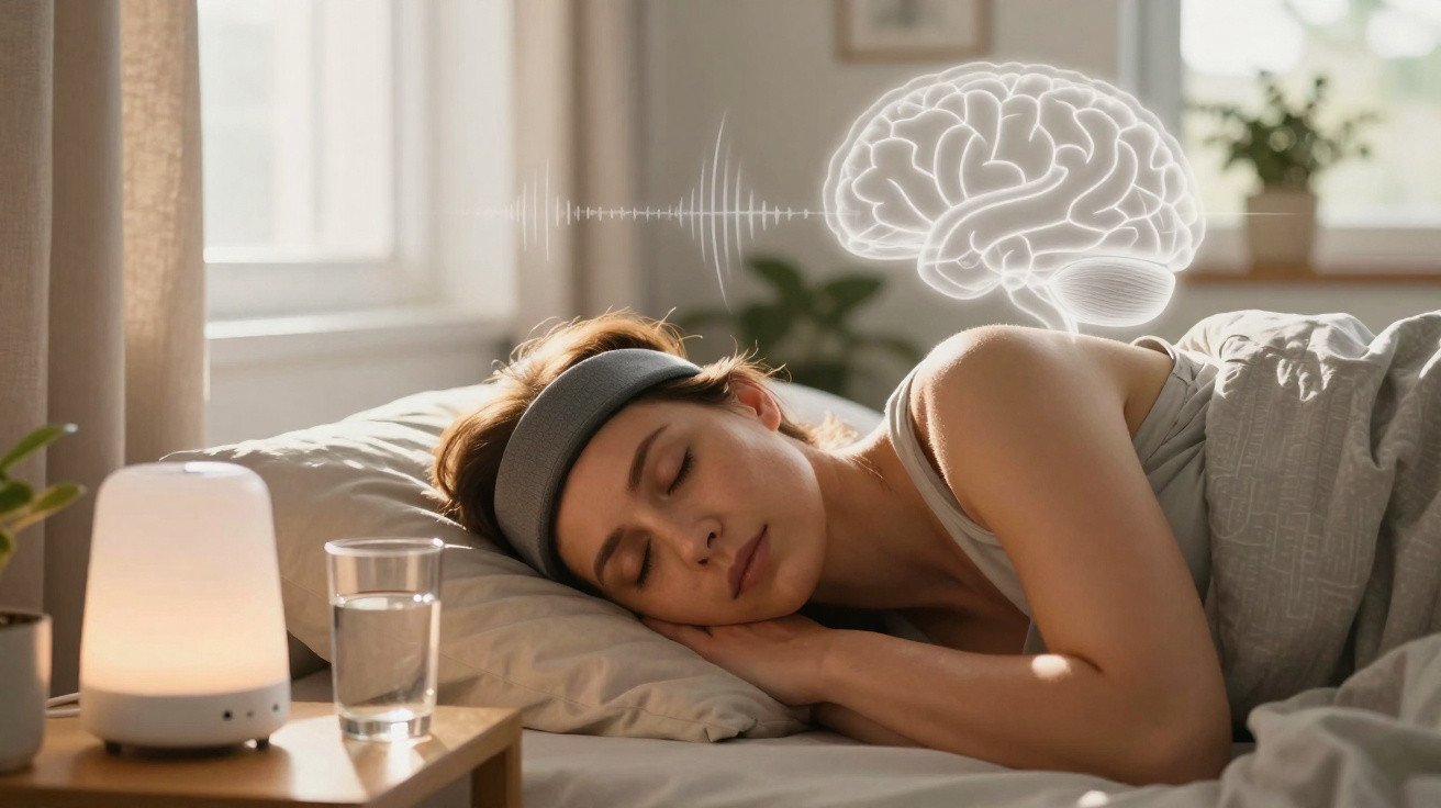 Mulher a dormir tranquila na cama com representação gráfica do cérebro e ondas cerebrais visíveis.