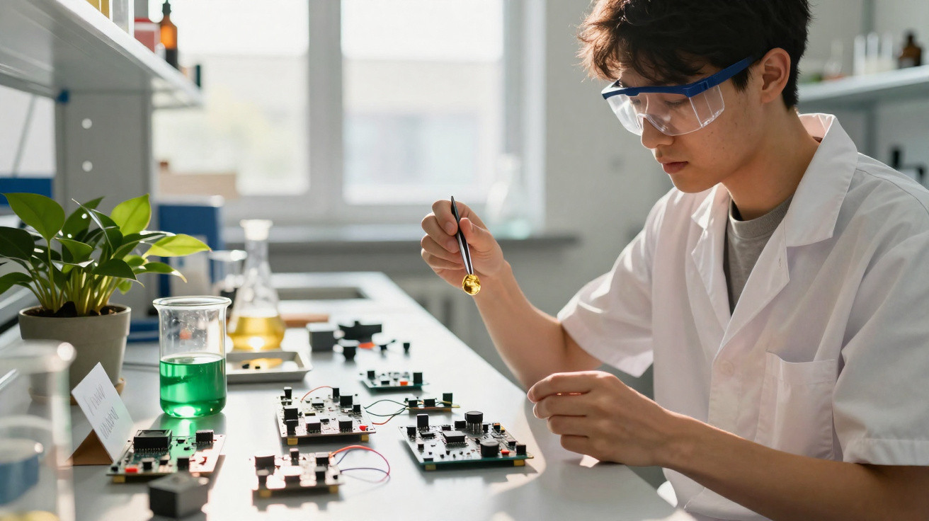 Jovem com bata branca e óculos de proteção a montar circuitos eletrónicos numa bancada de laboratório.