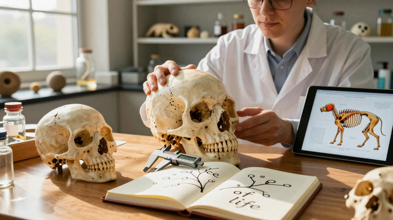 Cientista analisa crânios e mede com paquímetro, com caderno e tablet de estudo de anatomia animal.