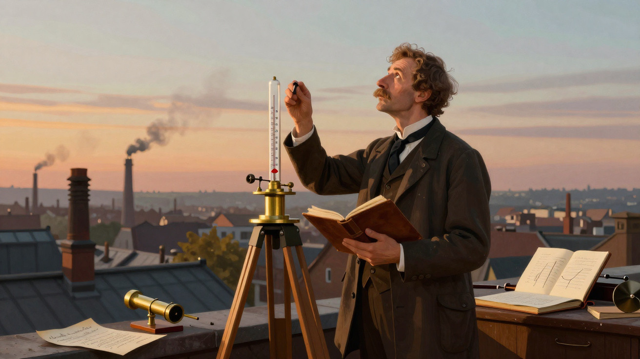 Homem com roupa antiga mede temperatura com aparelho sobre tripé num terraço, ao pôr do sol em cidade industrial.