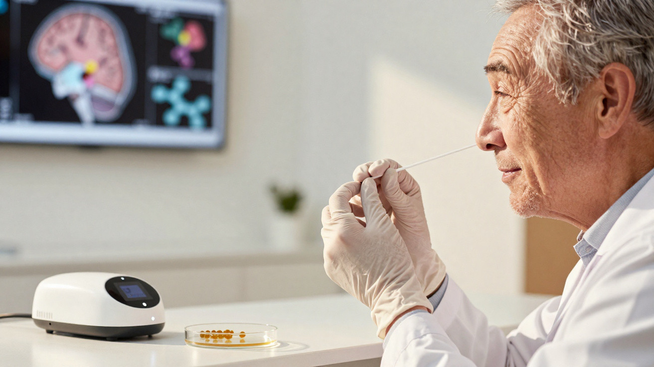 Homem com luvas a realizar autoteste nasal com ambiente de laboratório ao fundo.