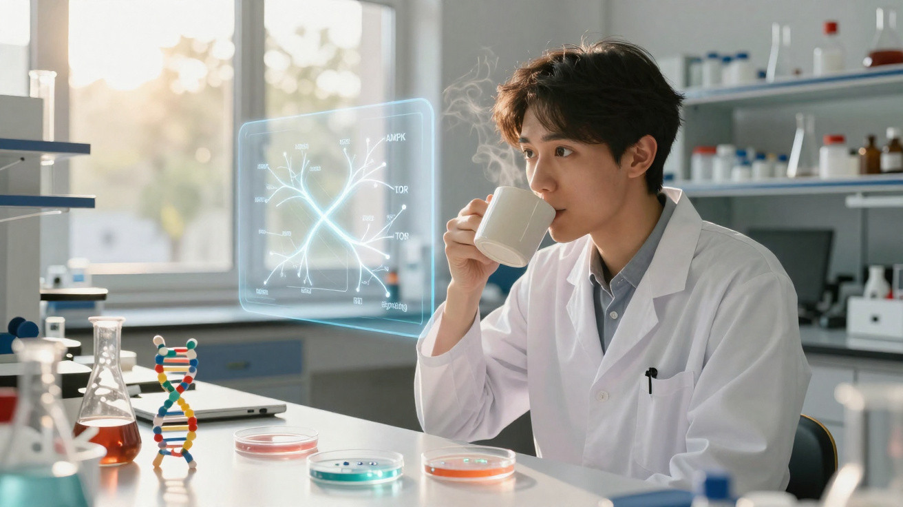 Cientista em bata branca a beber chá num laboratório com amostras e monitor holográfico à frente.