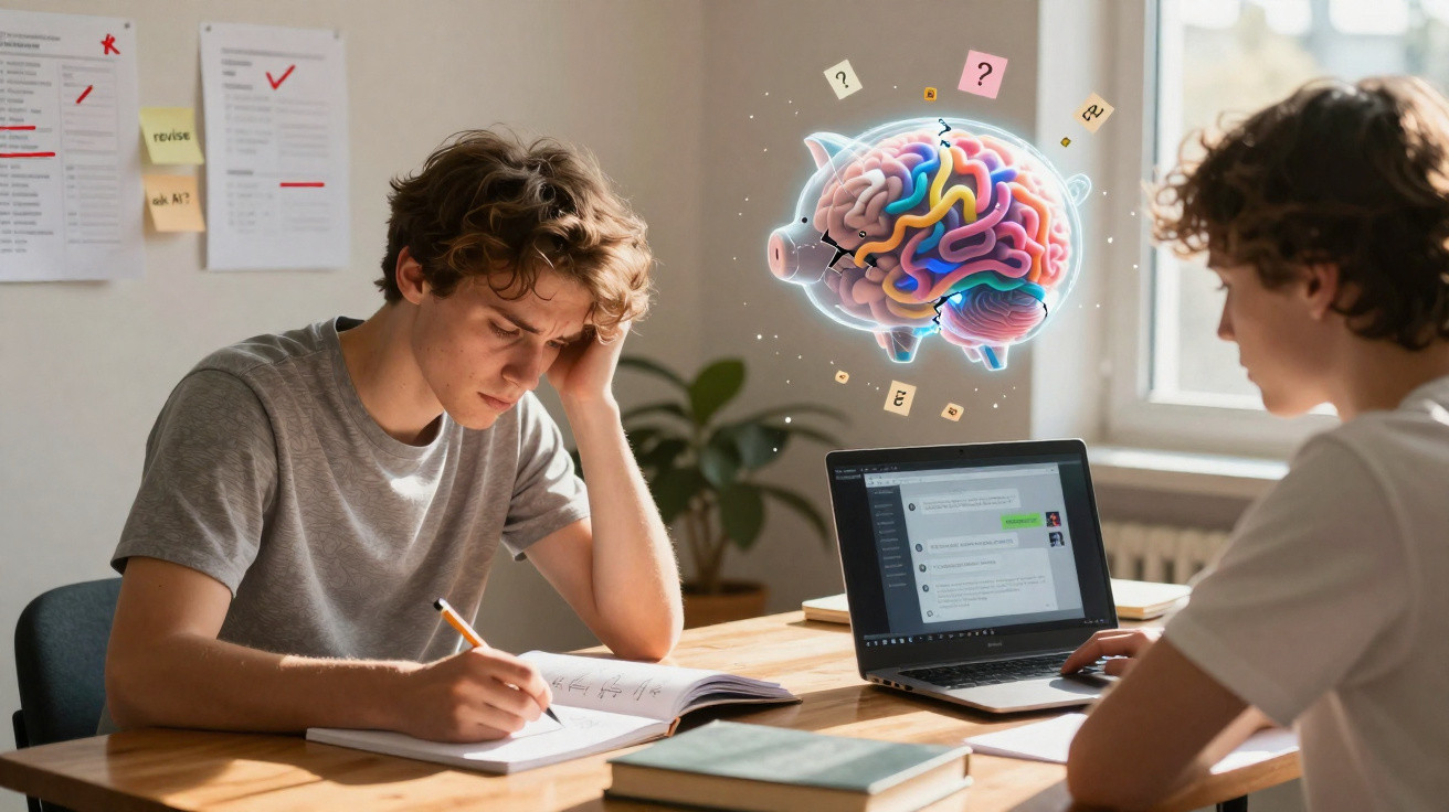Dois jovens a estudar numa mesa, um a escrever e outro a usar um computador portátil, com um cérebro ilustrado flutuante.