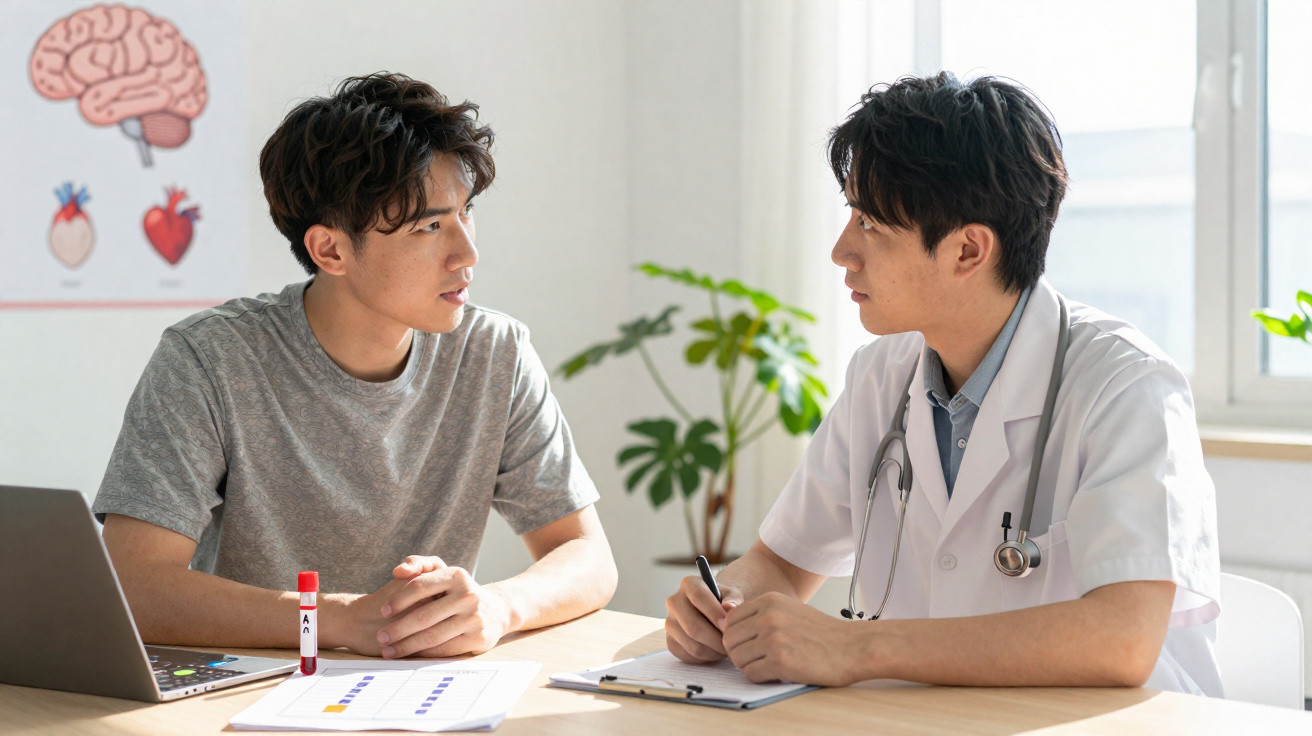Paciente conversa com médico durante consulta num consultório bem iluminado.