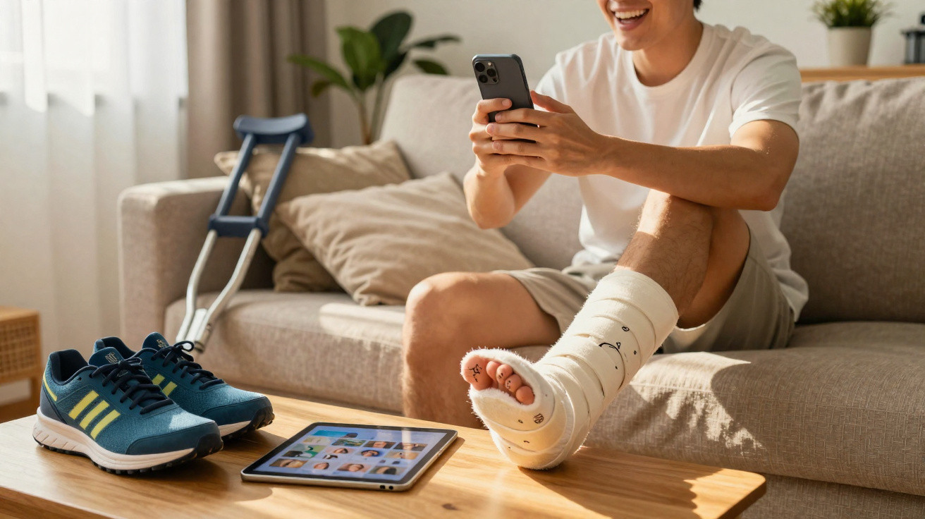 Homem com pé imobilizado e muletas sentado no sofá a usar telemóvel e tablet numa mesa à frente.