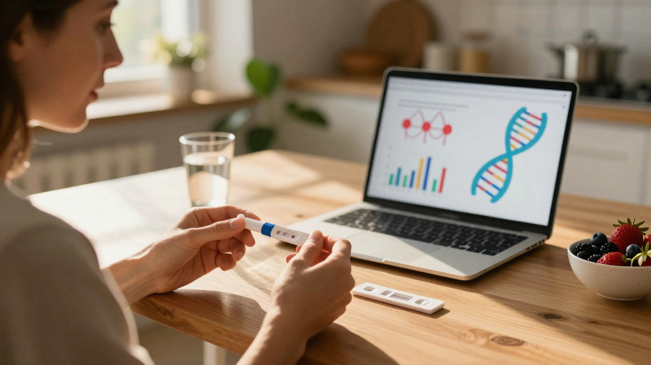 Mulher a analisar teste de gravidez junto a computador com gráficos e figura de DNA numa cozinha.