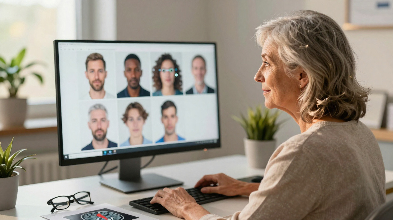 Mulher sénior a fazer reconhecimento facial num computador com várias fotografias de rostos no ecrã.