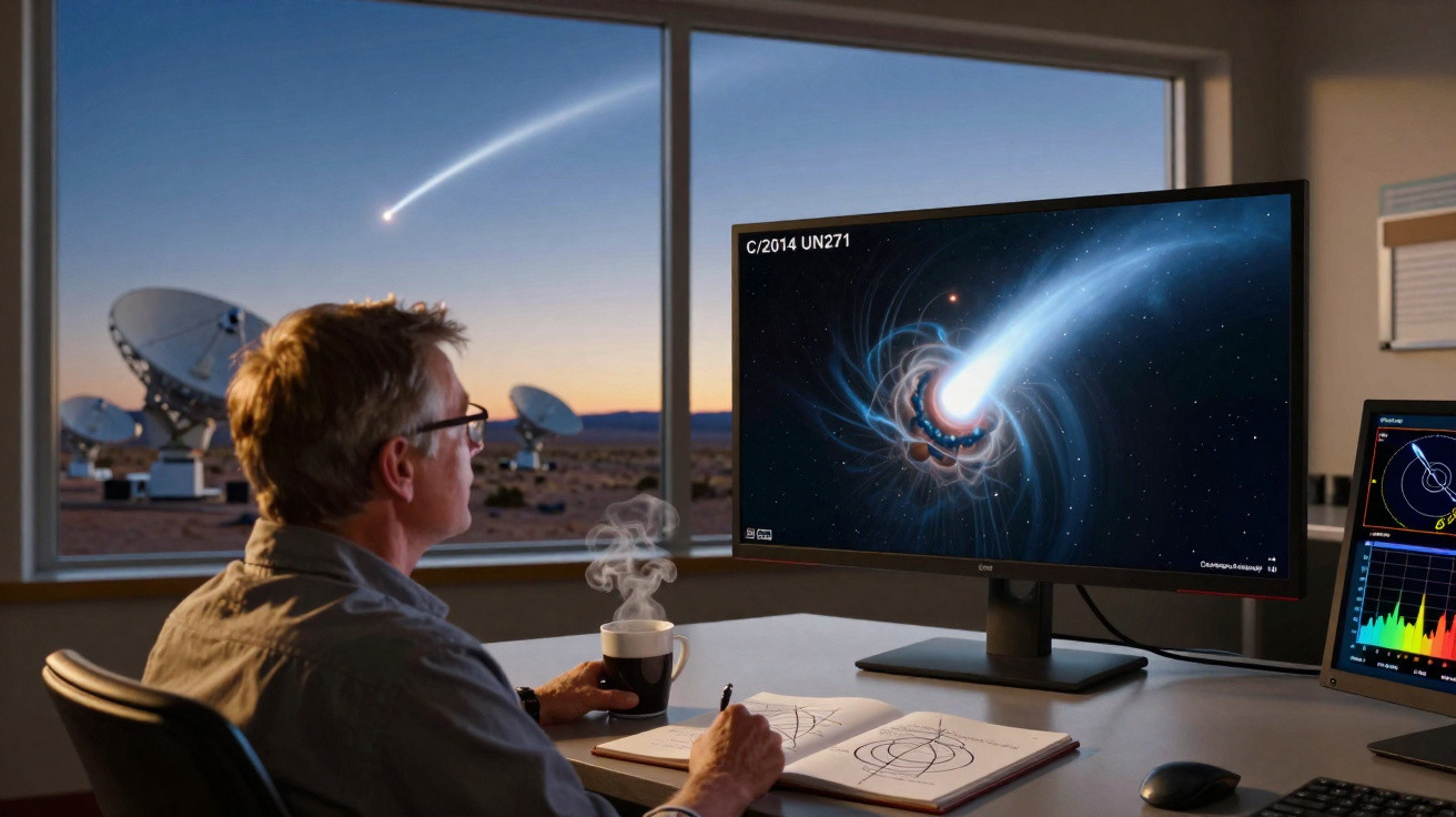 Homem observa monitor com imagem de cometa e toma café numa sala com antenas parabólicas ao fundo ao pôr do sol.