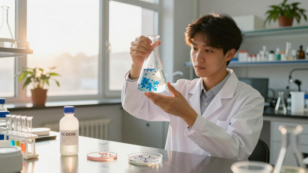 Jovem cientista em laboratório a observar líquido com partículas azuis numa proveta.