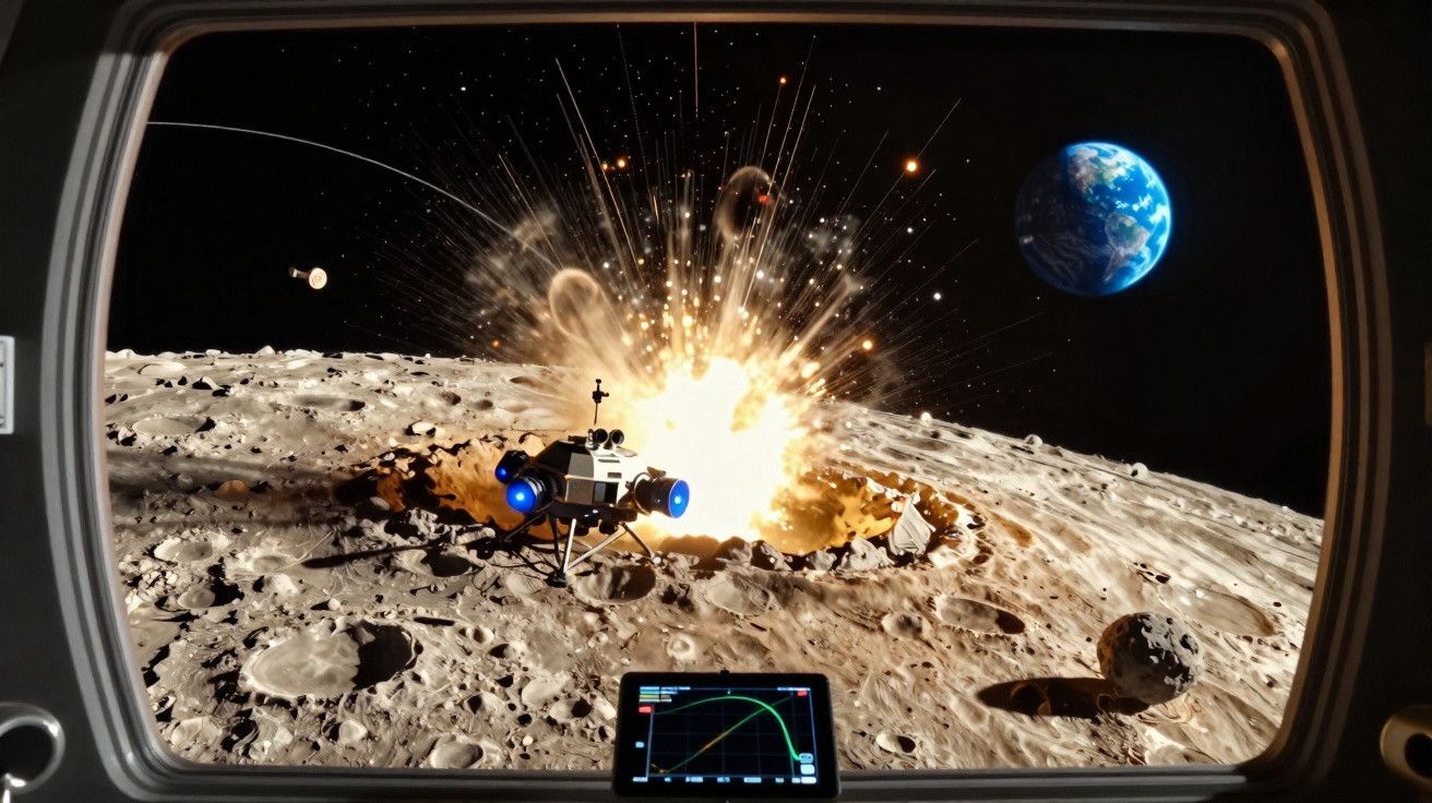 Explosão na superfície lunar vista do interior de uma nave espacial, com a Terra ao fundo no espaço.