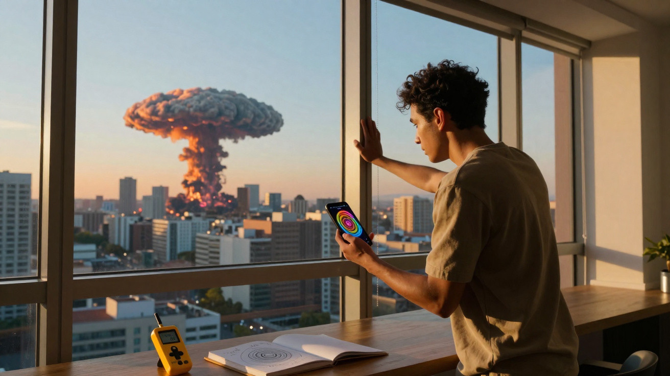 Homem observa pela janela uma nuvem em forma de cogumelo sobre a cidade ao pôr do sol.