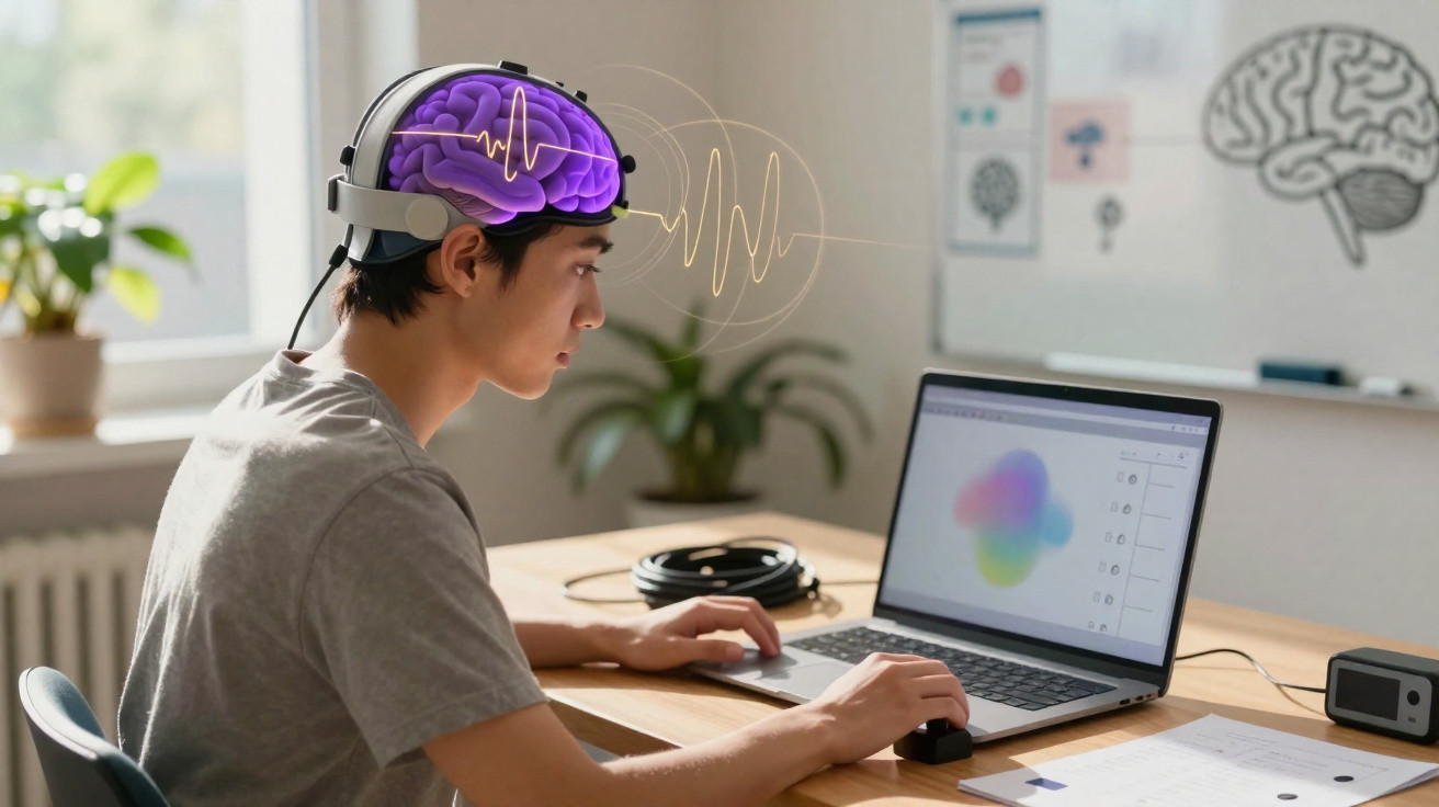 Jovem a usar capacete de neuroestimulação enquanto trabalha num portátil numa sala iluminada.