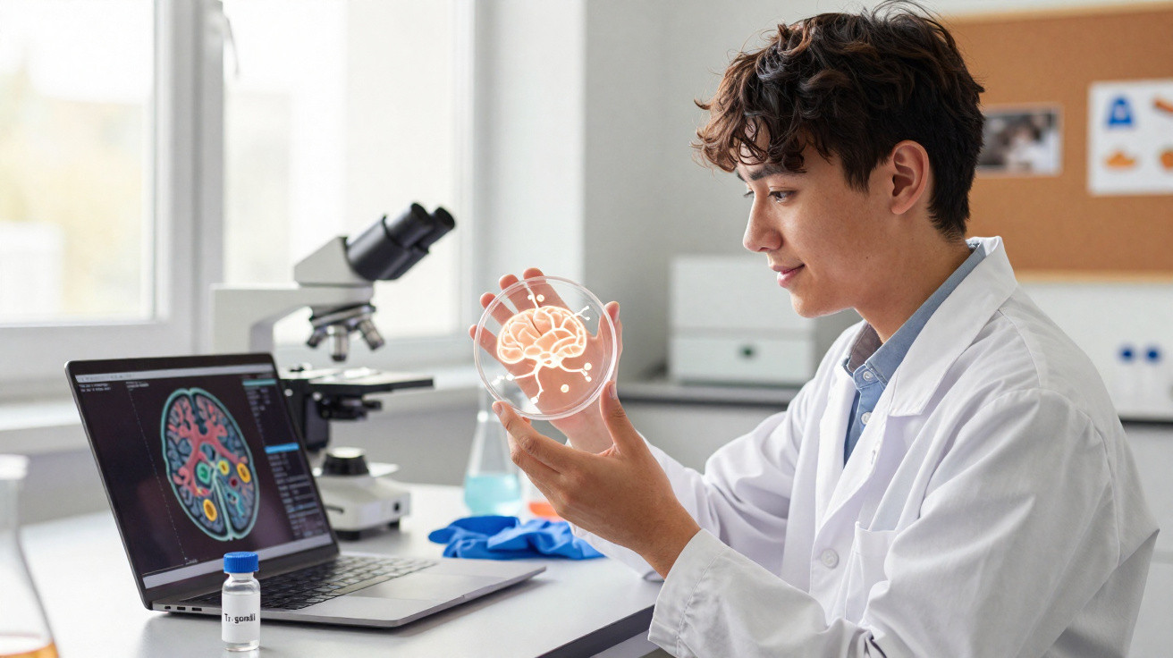 Cientista com bata branca examina placa de Petri com cérebro desenhado em laboratório moderno.