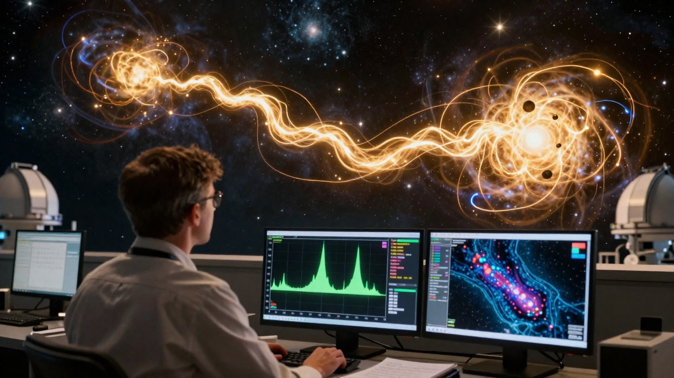 Cientista observa no centro de controlo dados e uma representação gráfica de ligação cósmica entre galáxias.