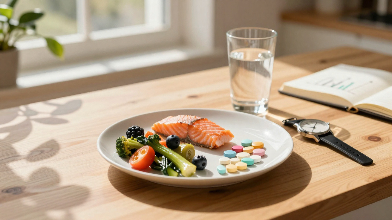 Prato com salmão, legumes, frutas e comprimidos coloridos ao lado de copo de água, relógio e caderno numa mesa.