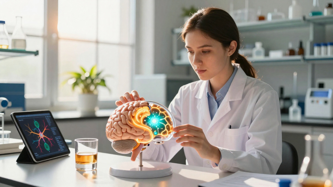 Investigadora numa sala de laboratório a analisar um modelo 3D do cérebro humano com destaque numa área iluminada.