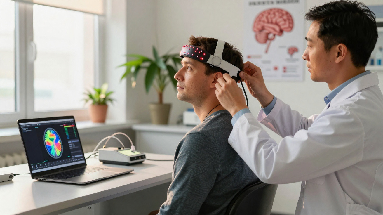 Cientista ajusta dispositivo neurocientífico na cabeça de homem durante estudo cerebral em laboratório.