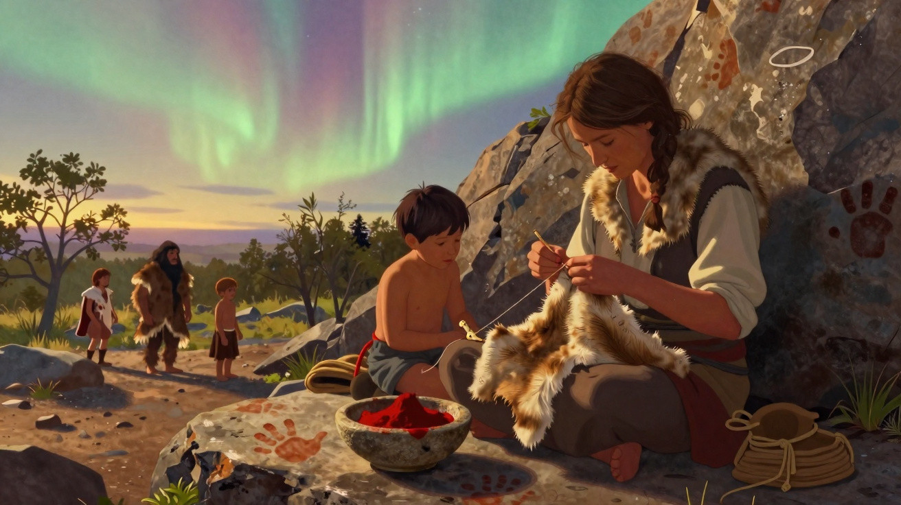 Cena pré-histórica com mulher a costurar pele, criança ao lado e aurora boreal no céu ao entardecer.