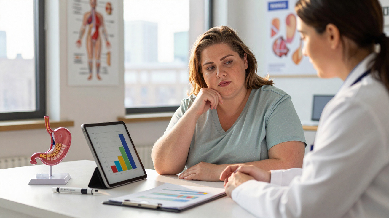 Paciente obesa em consulta com médica, analisando gráficos sobre saúde e digestão numa clínica médica.