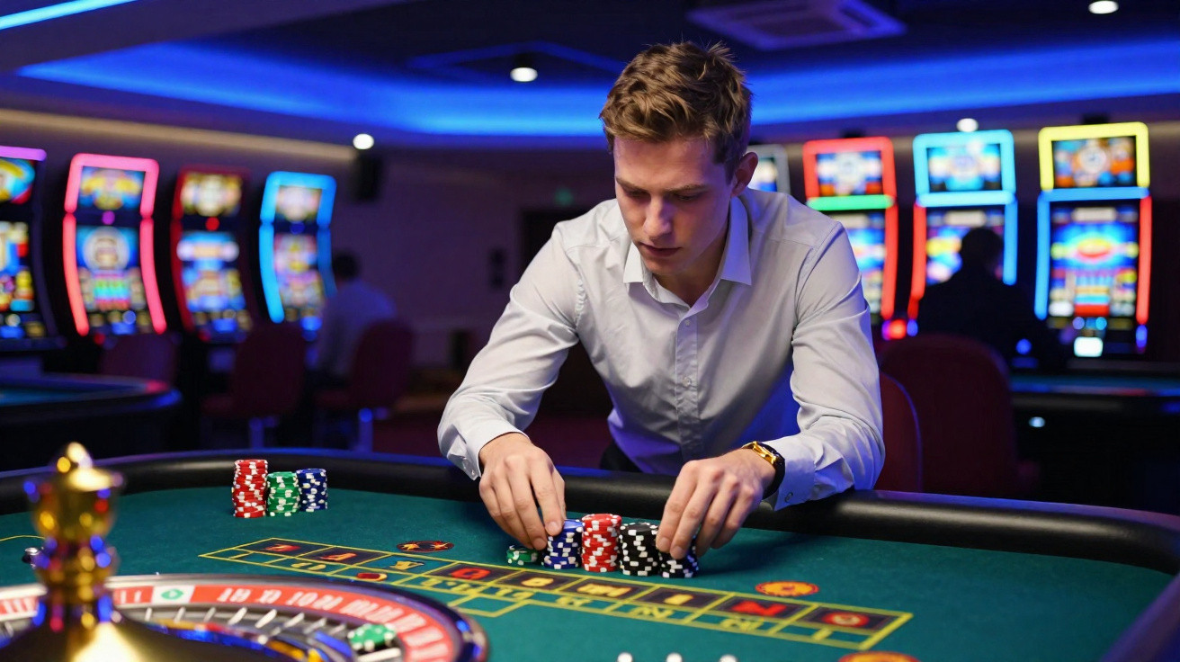 Homem a organizar fichas numa mesa de jogo de roleta num casino com luzes azuis e máquinas de slot ao fundo.