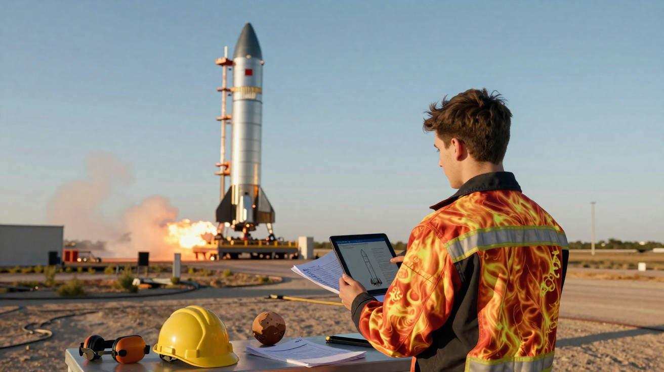 Engenheiro com tablet observa lançamento de foguete em plataforma ao ar livre ao pôr do sol.