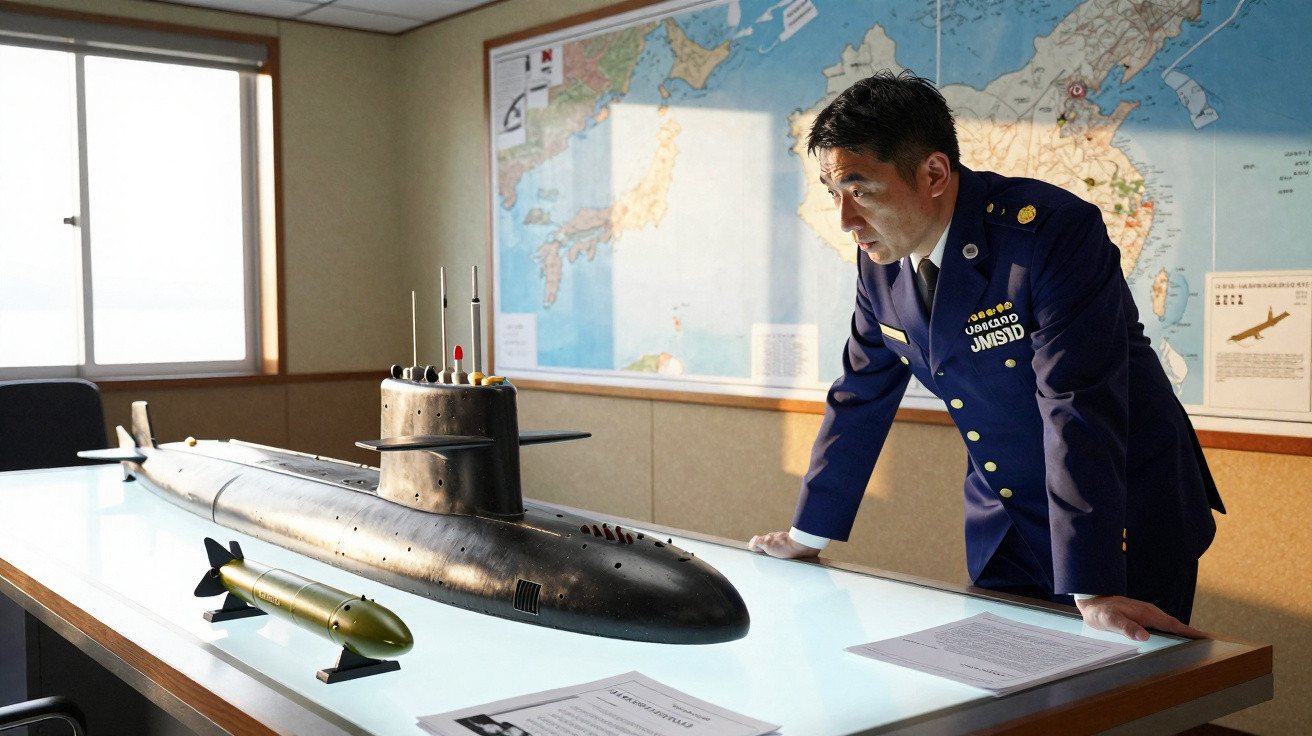 Homem em uniforme militar observa maquete de submarino numa mesa iluminada, com mapa na parede ao fundo.