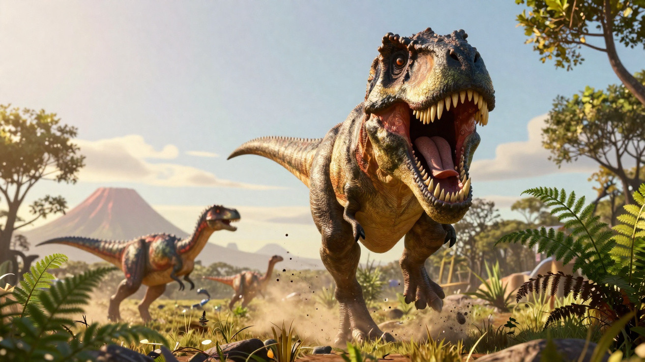 Dinossauro Tyrannosaurus rex a correr numa paisagem pré-histórica com montanhas e vegetação ao fundo.