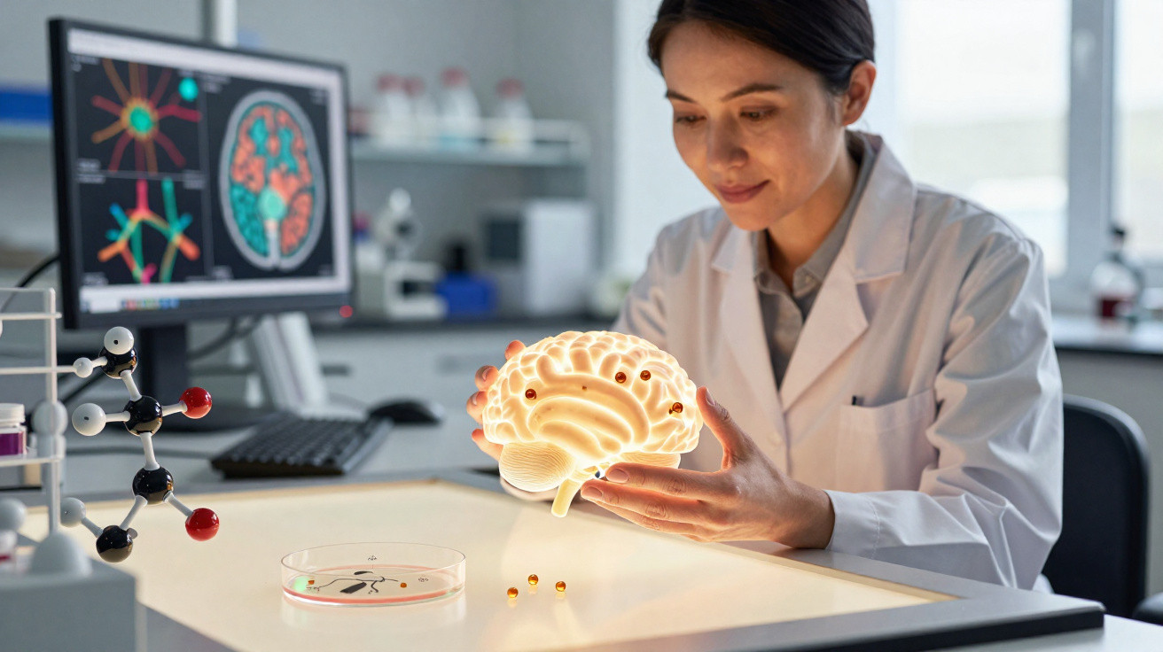Cientista a analisar modelo virtual de cérebro numa mesa de laboratório com equipamentos científicos.