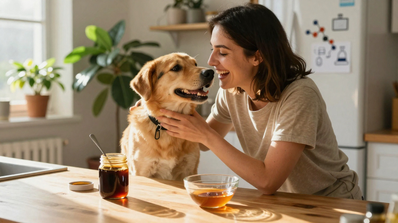 Mulher sorridente a acariciar um cão dourado numa cozinha, com potes de mel sobre a mesa de madeira.