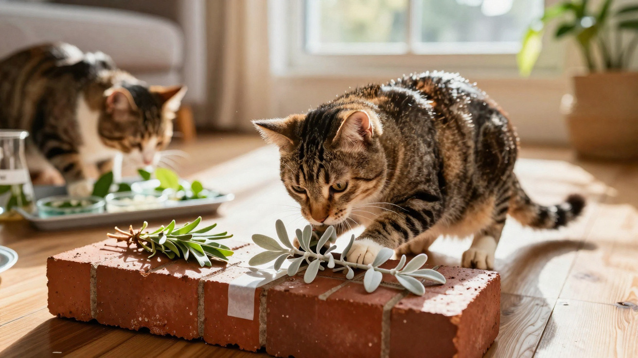 Dois gatos tigrados cheiram folhas verdes em tijolos vermelhos junto a uma janela iluminada.