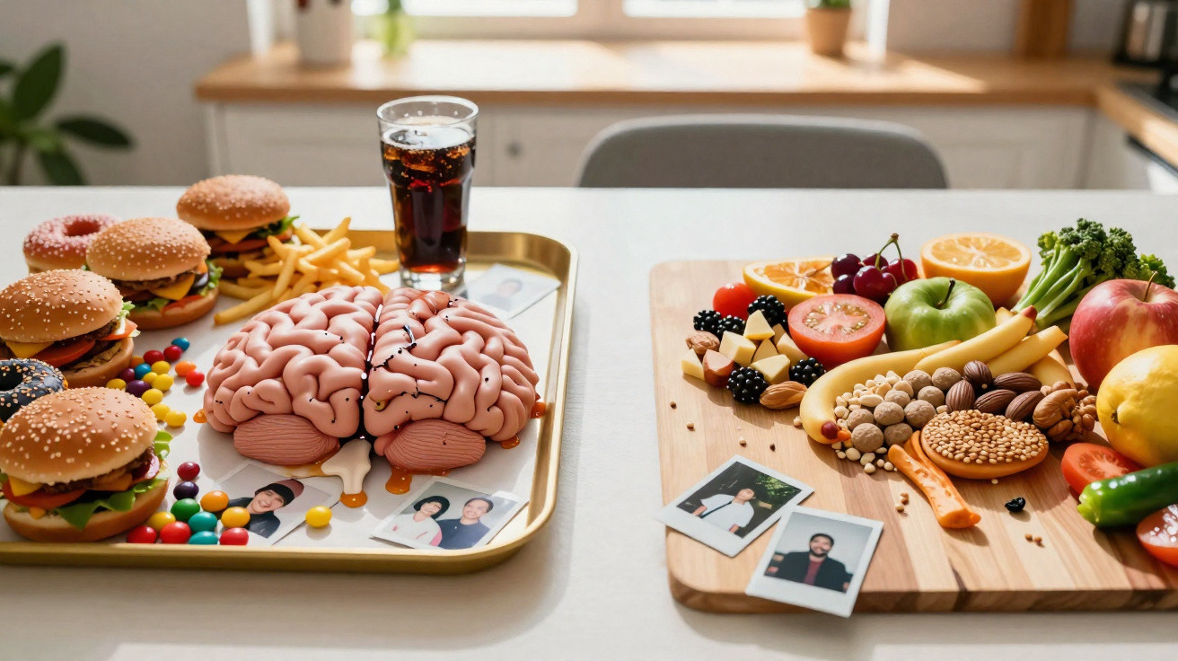 Dois tabuleiros lado a lado, um com comida rápida e cérebro em modelo, outro com frutas e legumes variados.