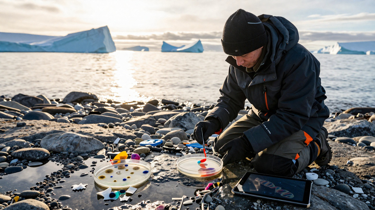 Cientista amostrando água numa praia rochosa junto ao mar com icebergs ao fundo ao pôr do sol.