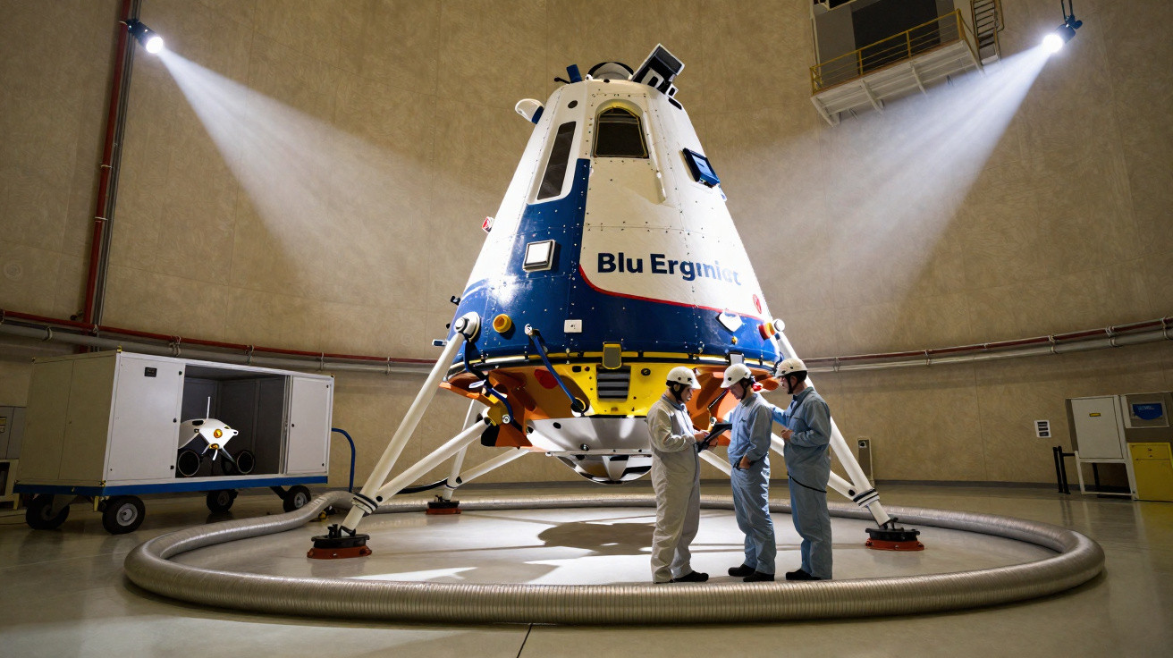 Módulo lunar Blu Ergonomic num hangar com três técnicos em fatos e capacetes a discutir equipamentos.