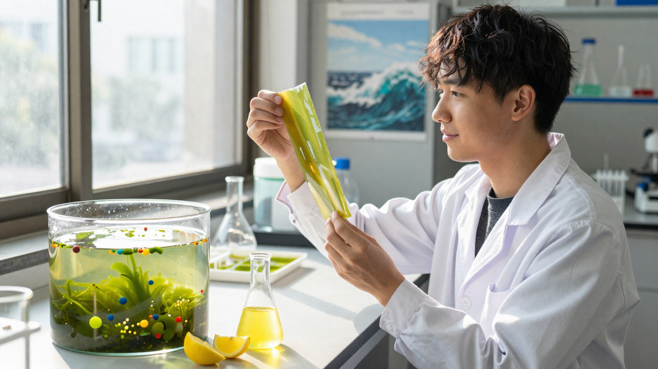 Homem com bata branca examina amostra vegetal transparente num laboratório com plantas e líquidos.