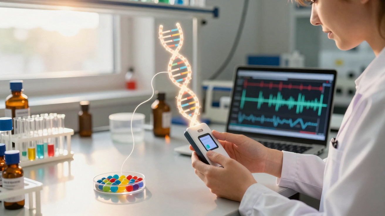 Cientista em laboratório a analisar moléculas coloridas com imagem holográfica de DNA e computador.