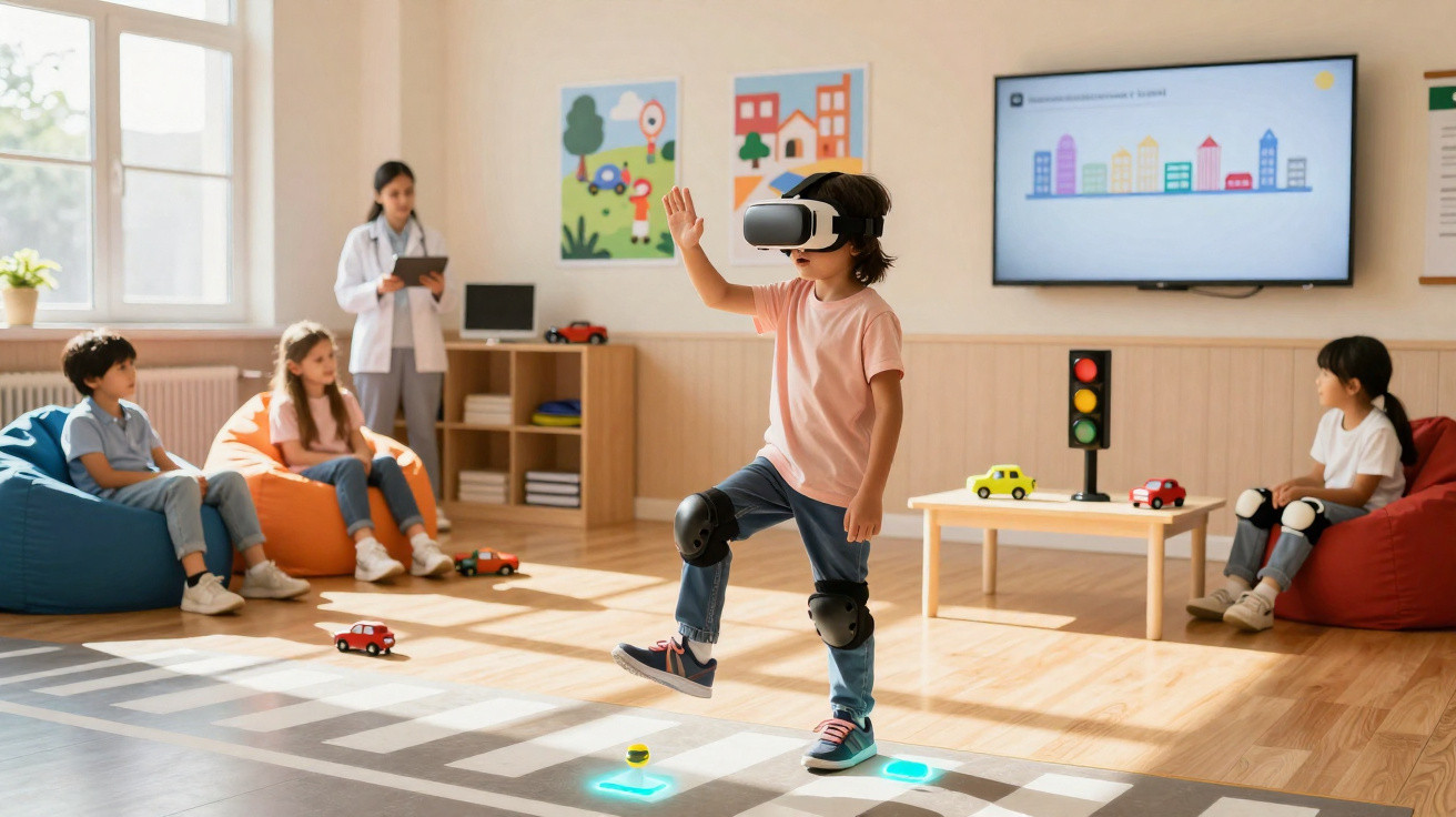 Criança com óculos de realidade virtual a aprender regras de trânsito numa sala com outras crianças e professora.