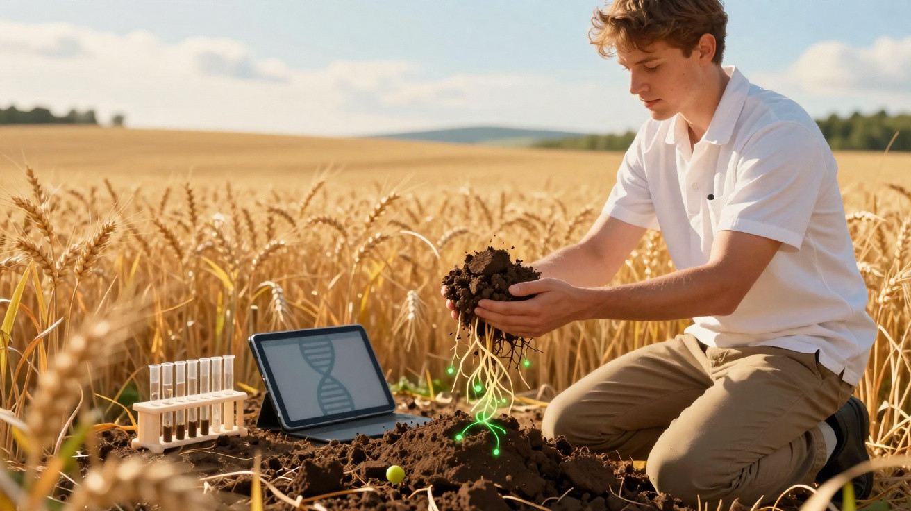 Jovem analisa solo num campo de trigo com tablet e tubos de ensaio, mostrando raízes com efeito digital verde.