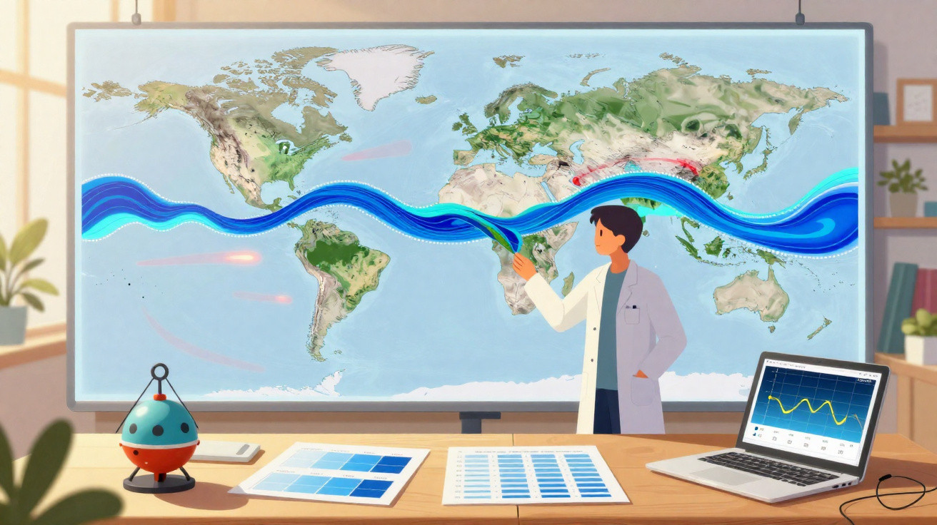 Cientista aponta para fluxo de águas azuis num mapa mundial num laboratório com gráfico num portátil.