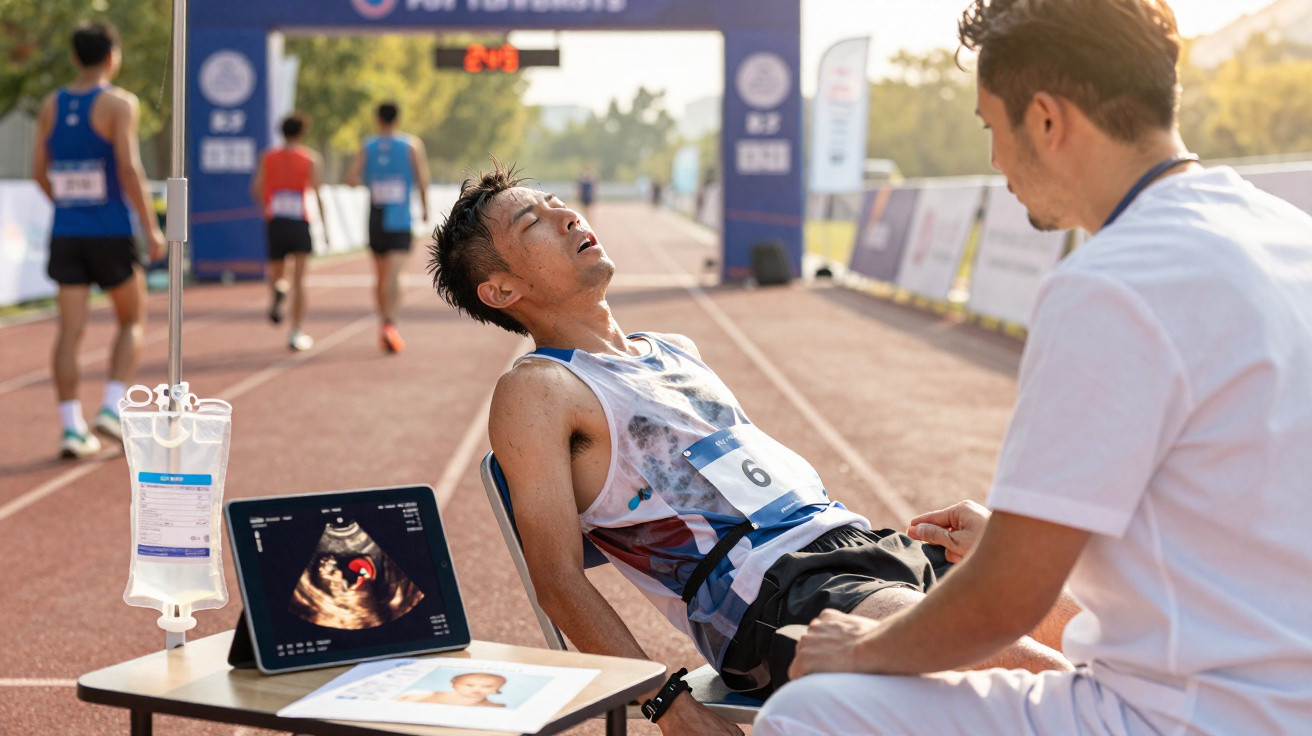 Atleta exausto sentado com médico na pista de corrida, com equipamento médico e ecografia numa mesa próxima.