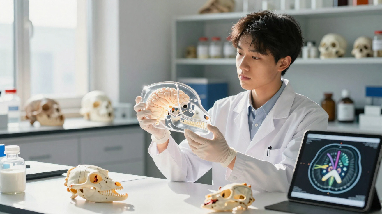 Cientista em laboratório analisa modelo transparente de crânio com cérebro, rodeado por vários crânios e computador.