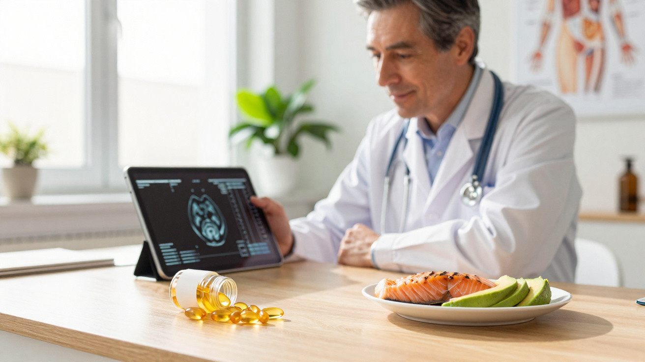 Médico com estetoscópio analisa exame num tablet, com cápsulas e prato de salmão e abacate na mesa.