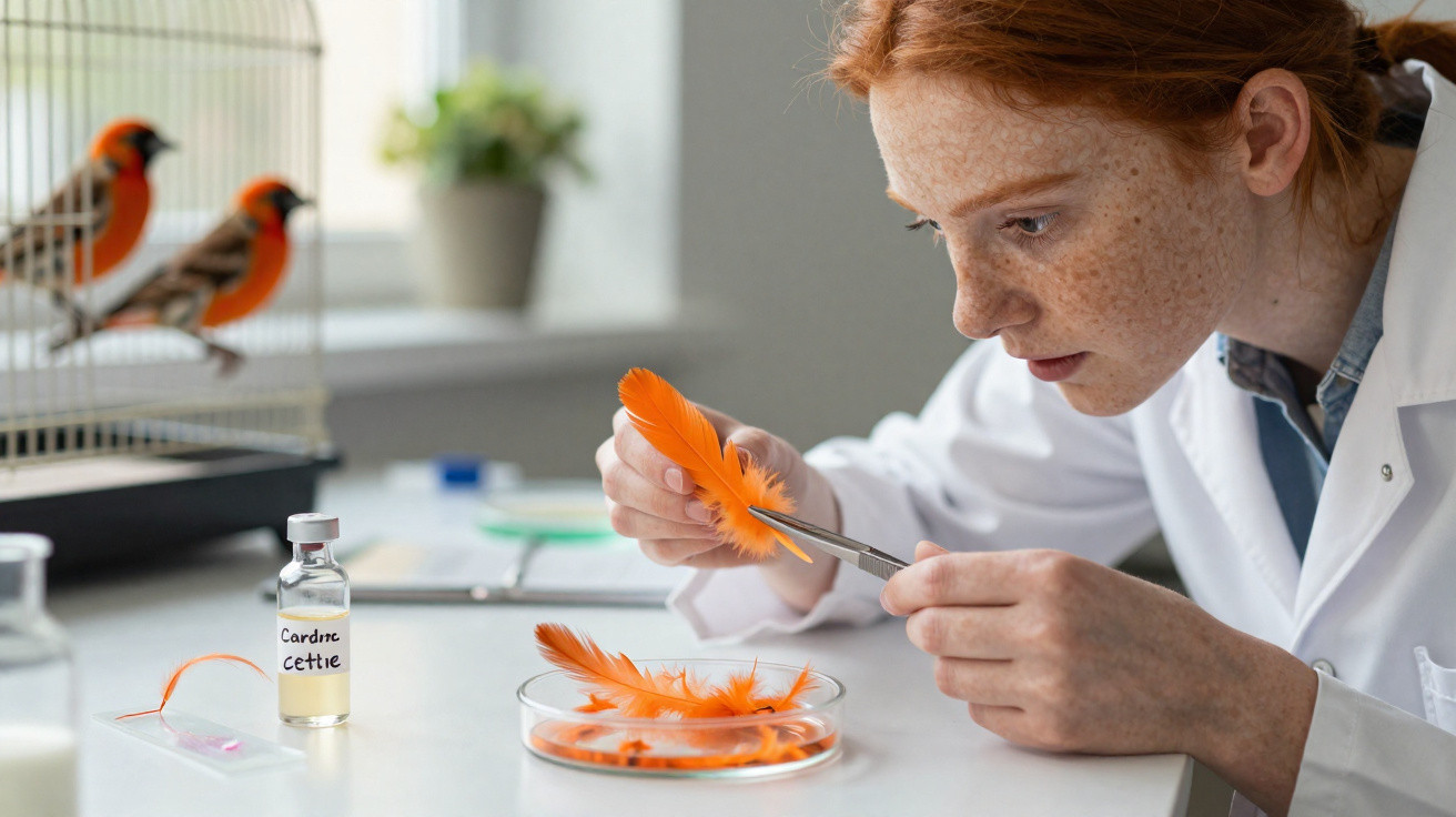 Investigadora em laboratório analisa penas laranja de aves com pinça, com gaiola e pássaros ao fundo.